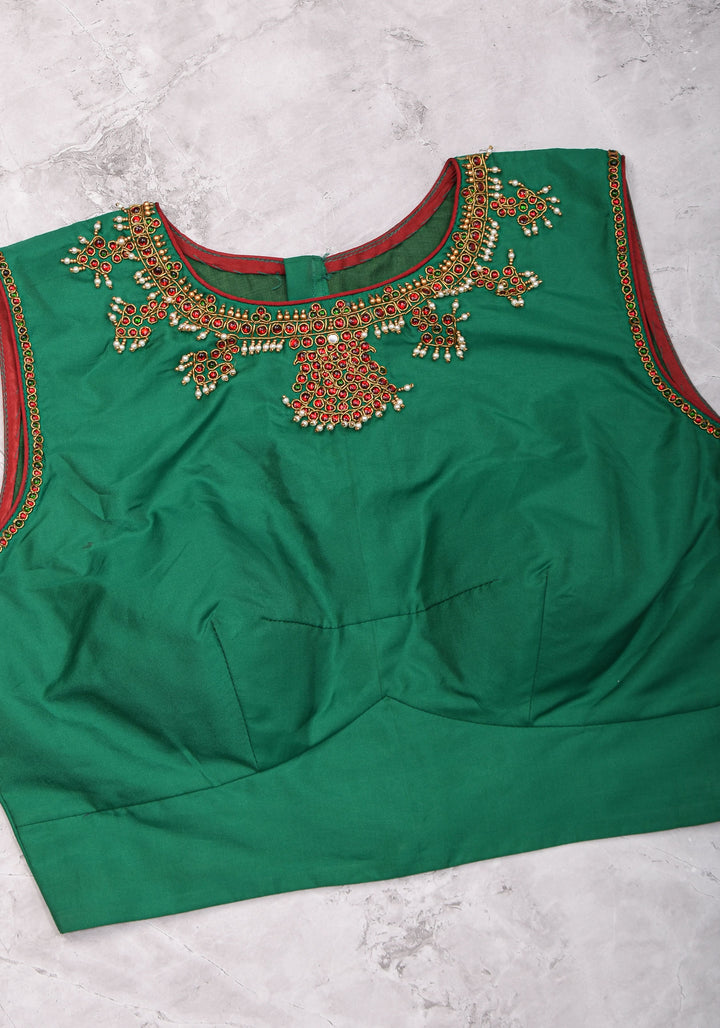 Custom Made:  Necklace Design Jadau Ornamental Sleeveless Blouse in SIlk | Shobitam Blouse