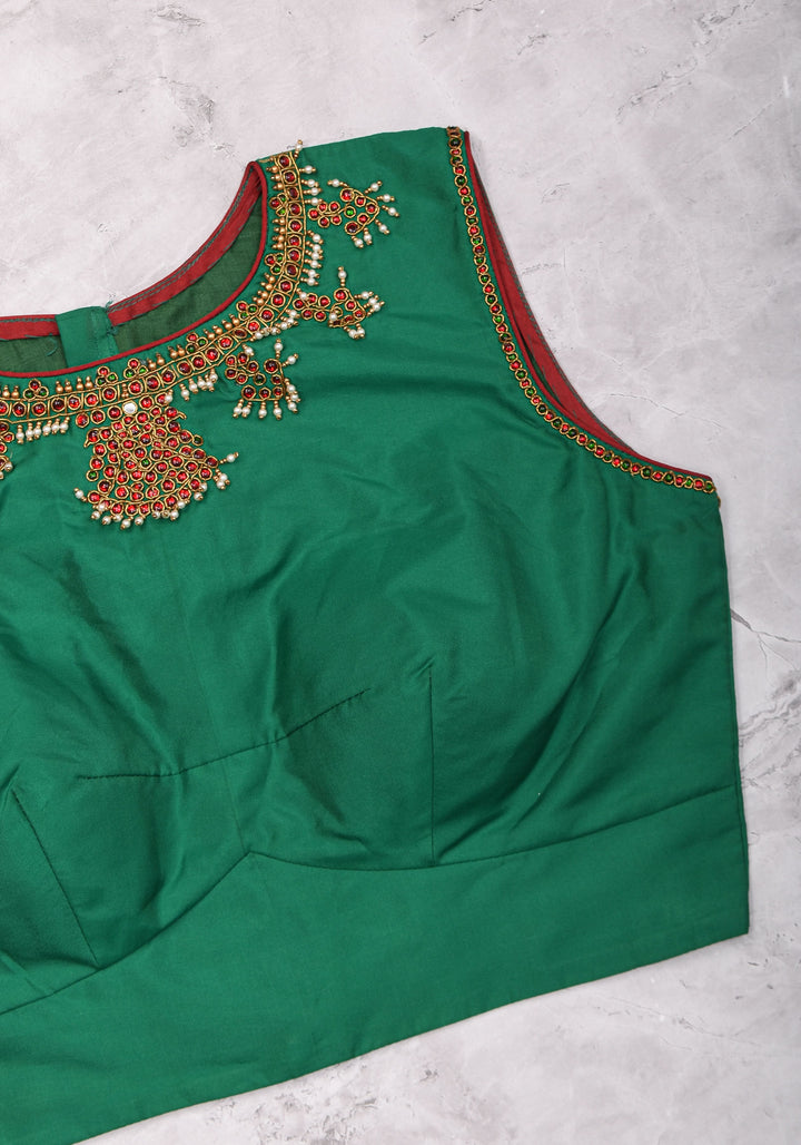 Custom Made:  Necklace Design Jadau Ornamental Sleeveless Blouse in SIlk | Shobitam Blouse