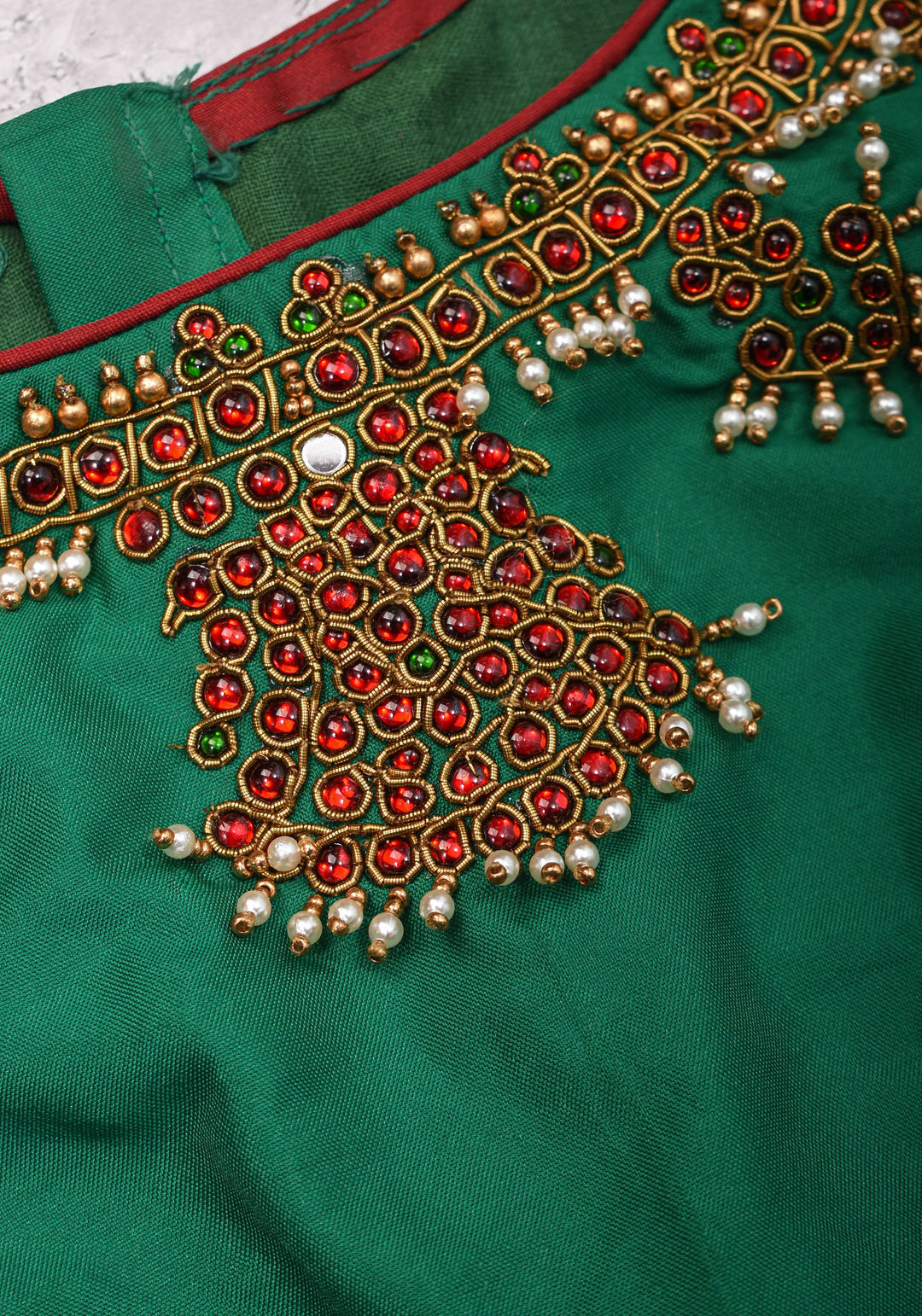 Custom Made:  Necklace Design Jadau Ornamental Sleeveless Blouse in SIlk | Shobitam Blouse