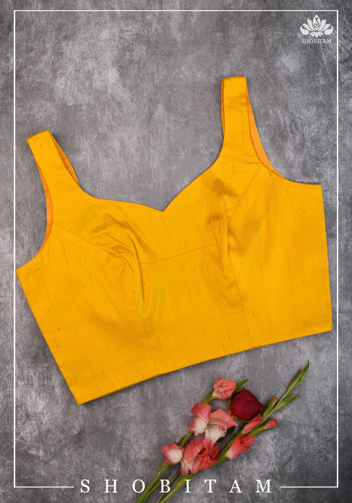 size 36 Yellow raw silk sleeveless blouse with applique on back| Shobitam Blouse