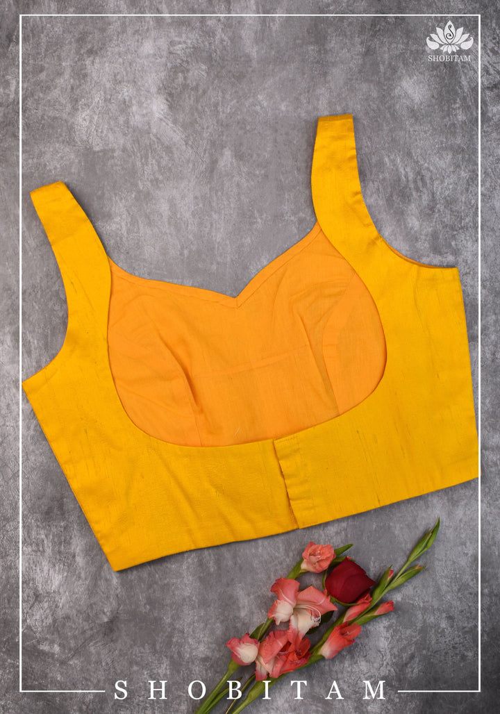 size 36 Yellow raw silk sleeveless blouse with applique on back| Shobitam Blouse