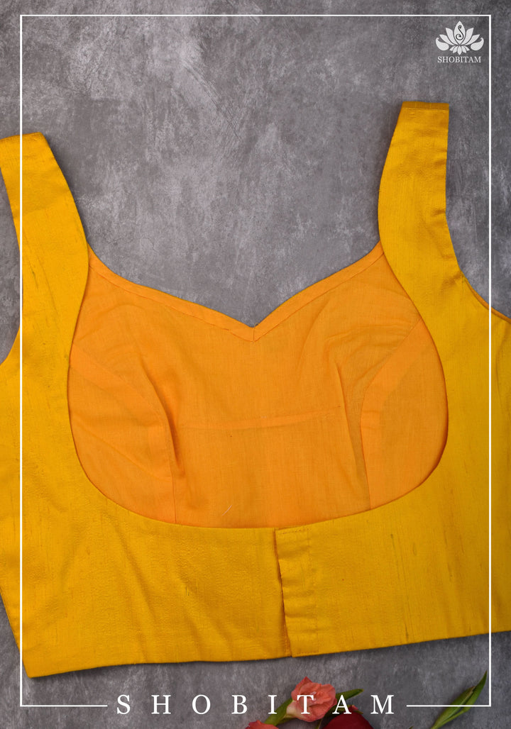 size 36 Yellow raw silk sleeveless blouse with applique on back| Shobitam Blouse