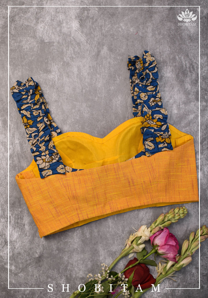 Yellow Handloom Sweetheart Neck Blouse with Blue Kalamkari gathered frill Straps