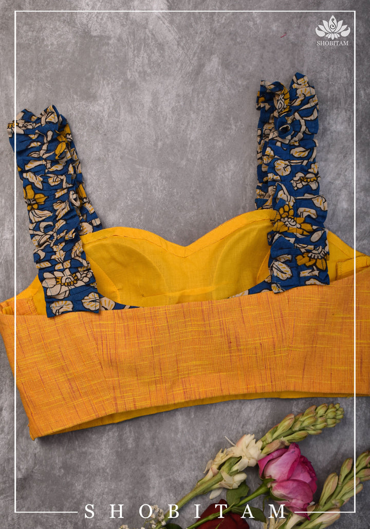 Yellow Handloom Sweetheart Neck Blouse with Blue Kalamkari gathered frill Straps