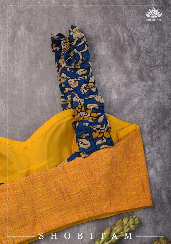 Yellow Handloom Sweetheart Neck Blouse with Blue Kalamkari gathered frill Straps