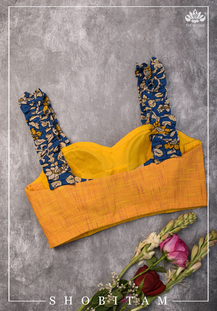 Yellow Handloom Sweetheart Neck Blouse with Blue Kalamkari gathered frill Straps