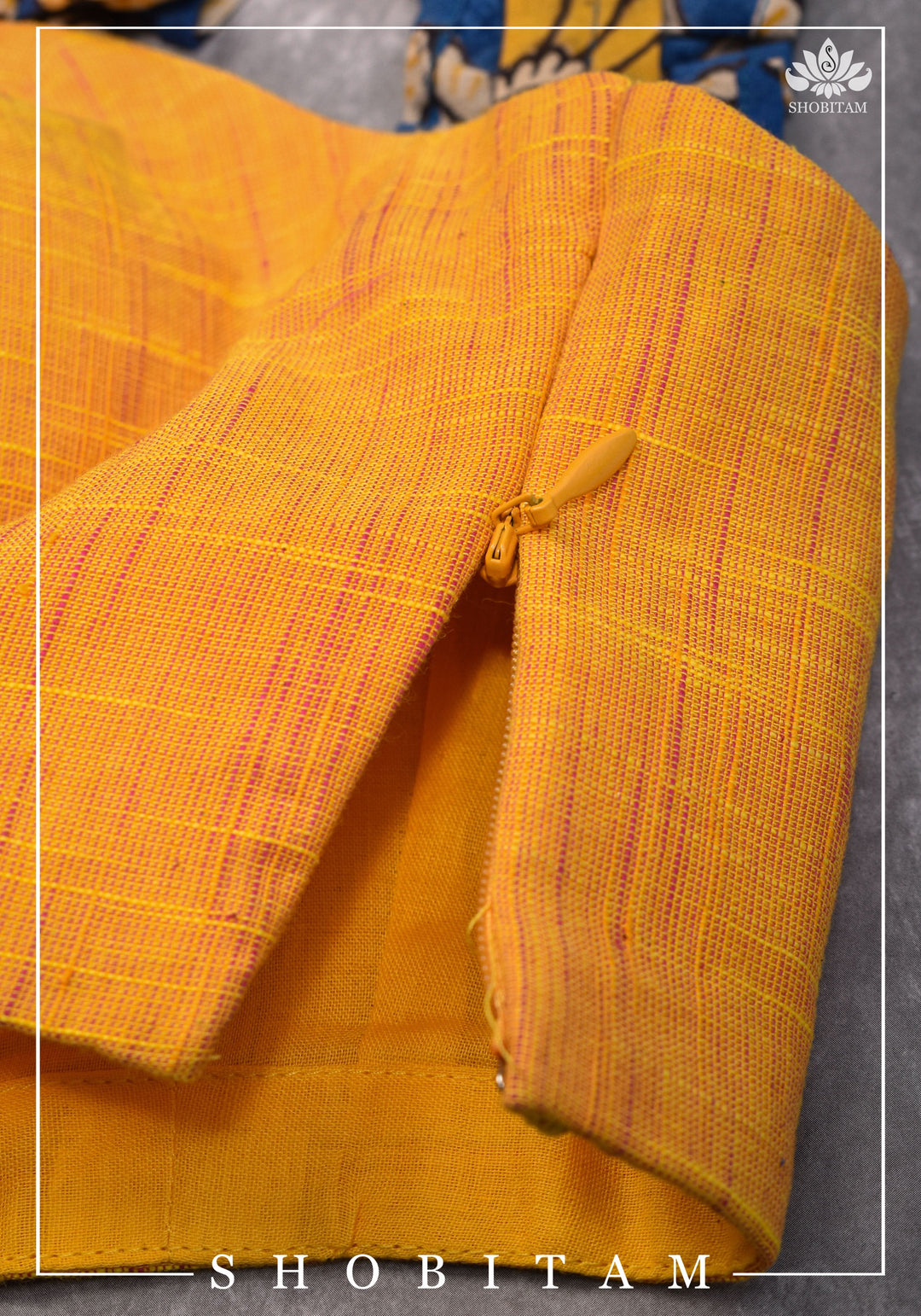 Yellow Handloom Sweetheart Neck Blouse with Blue Kalamkari gathered frill Straps