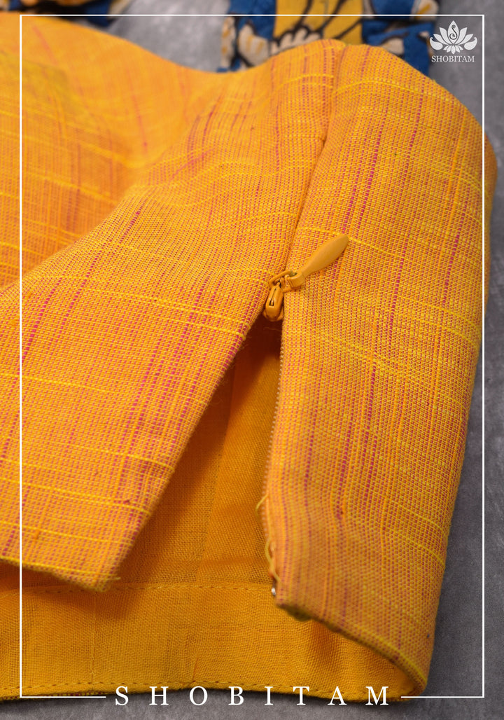 Yellow Handloom Sweetheart Neck Blouse with Blue Kalamkari gathered frill Straps