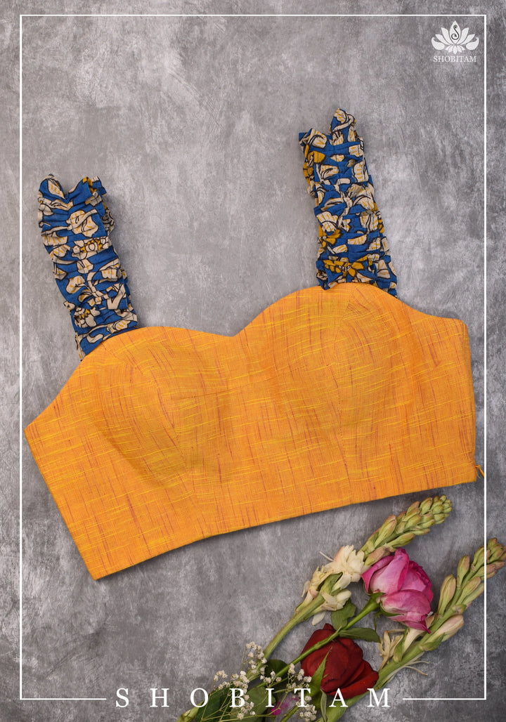 Yellow Handloom Sweetheart Neck Blouse with Blue Kalamkari gathered frill Straps