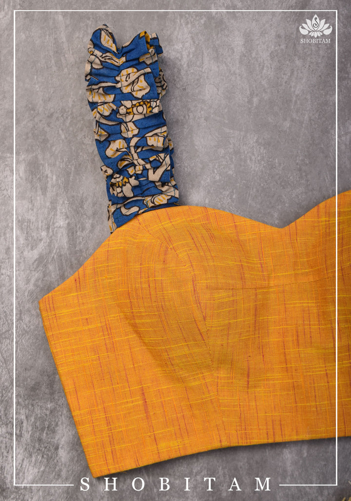 Yellow Handloom Sweetheart Neck Blouse with Blue Kalamkari gathered frill Straps
