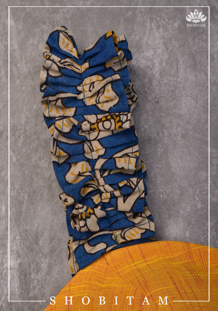 Yellow Handloom Sweetheart Neck Blouse with Blue Kalamkari gathered frill Straps