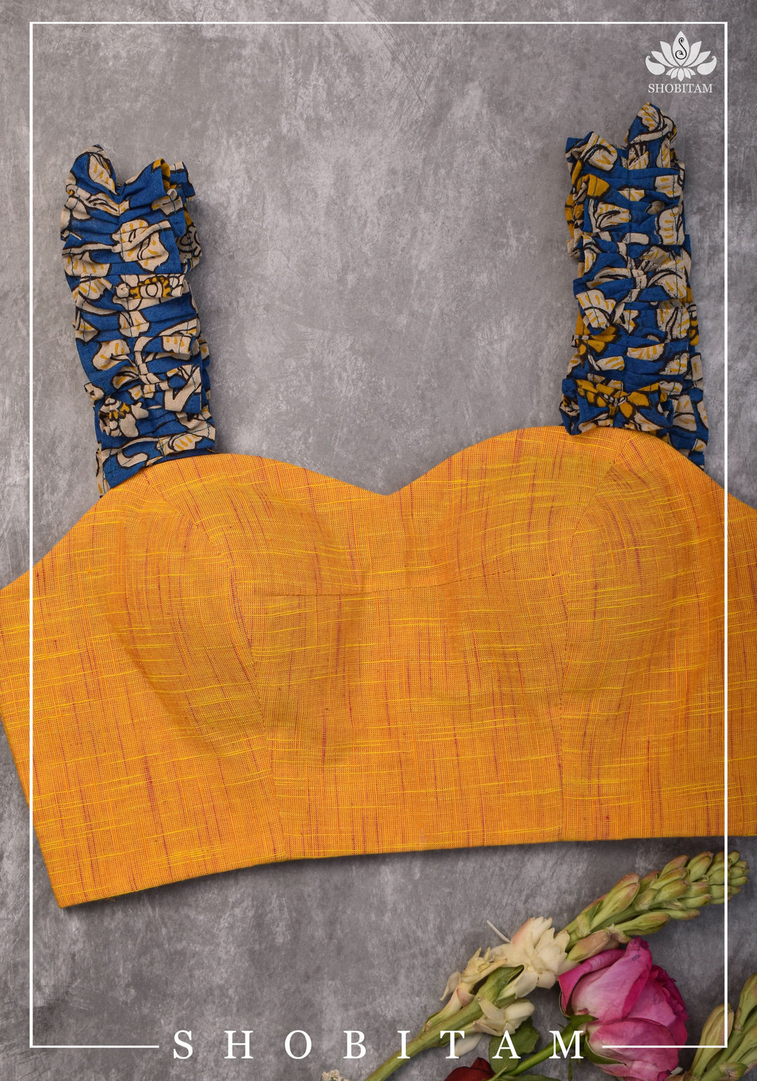 Yellow Handloom Sweetheart Neck Blouse with Blue Kalamkari gathered frill Straps