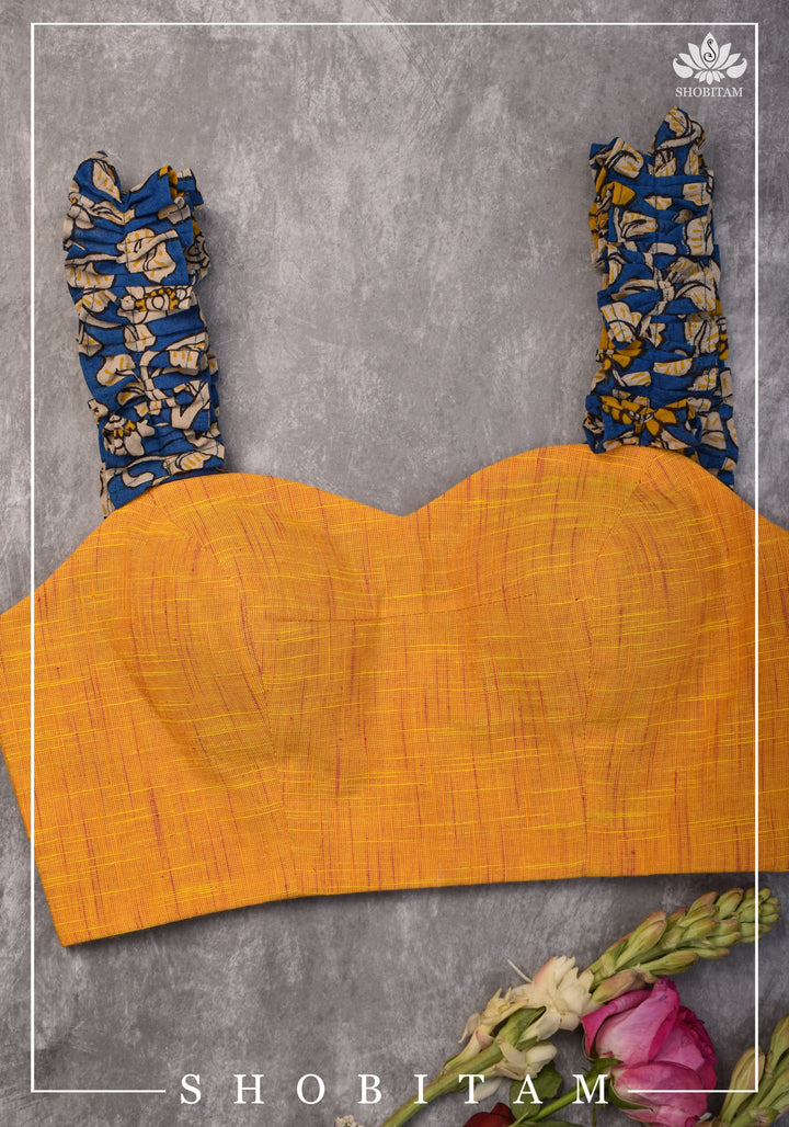 Yellow Handloom Sweetheart Neck Blouse with Blue Kalamkari gathered frill Straps
