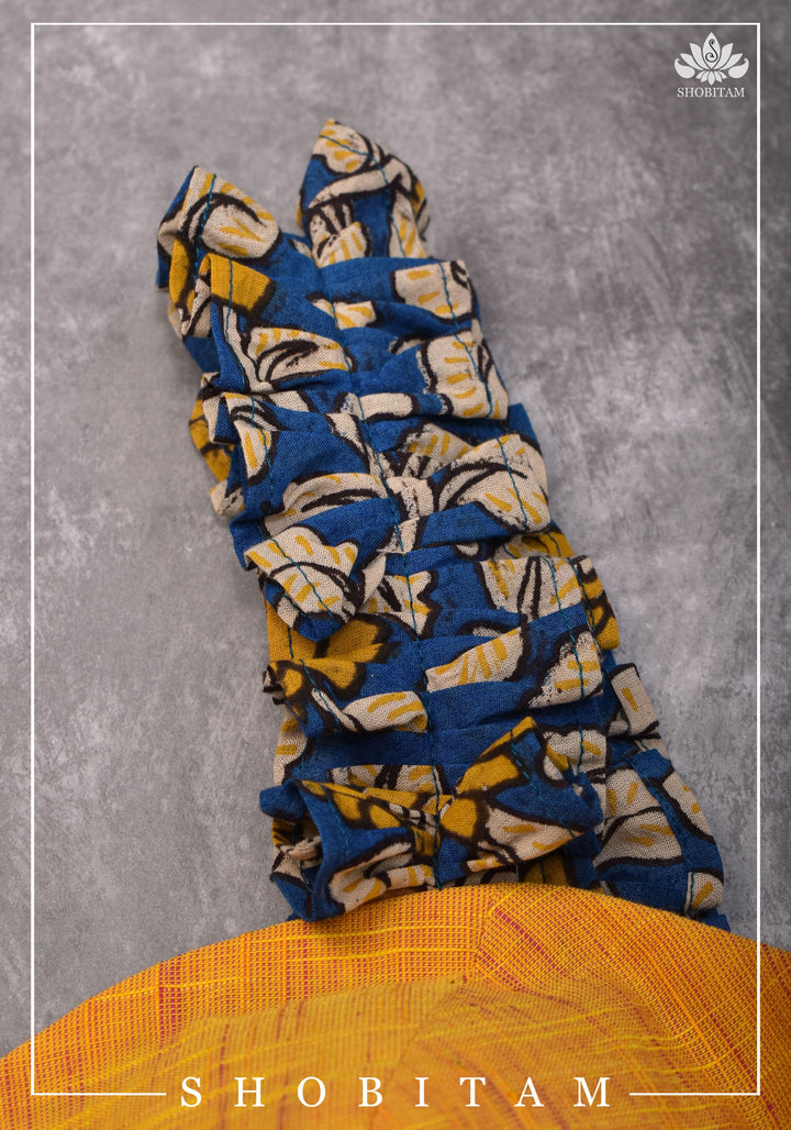 Yellow Handloom Sweetheart Neck Blouse with Blue Kalamkari gathered frill Straps