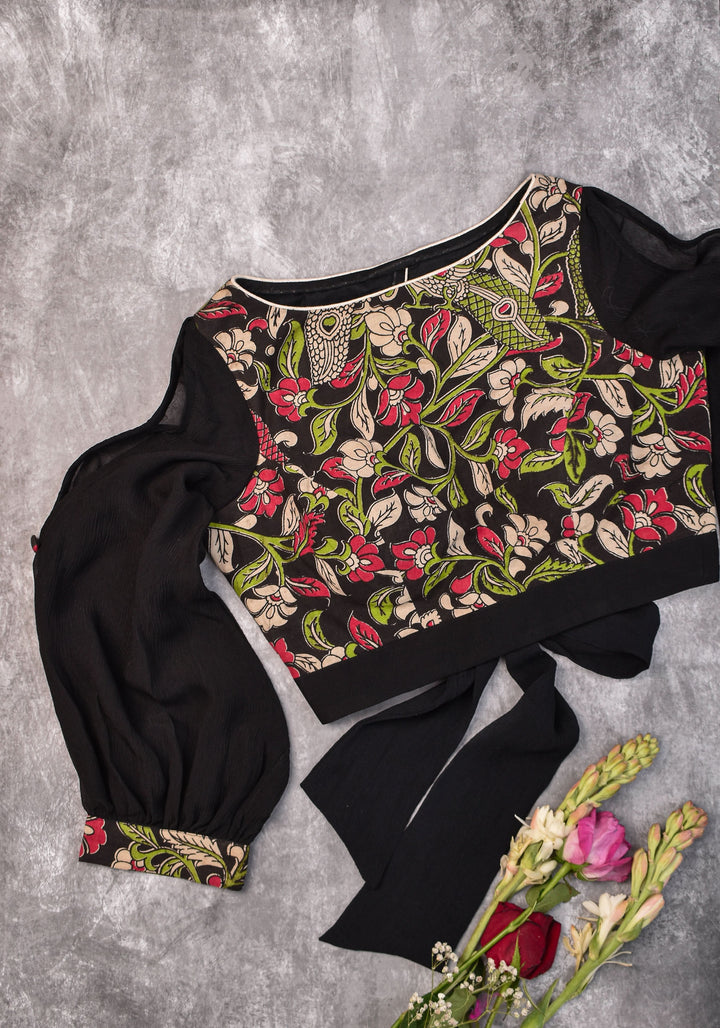 Black floral block print  Boatneck blouse with tieback design