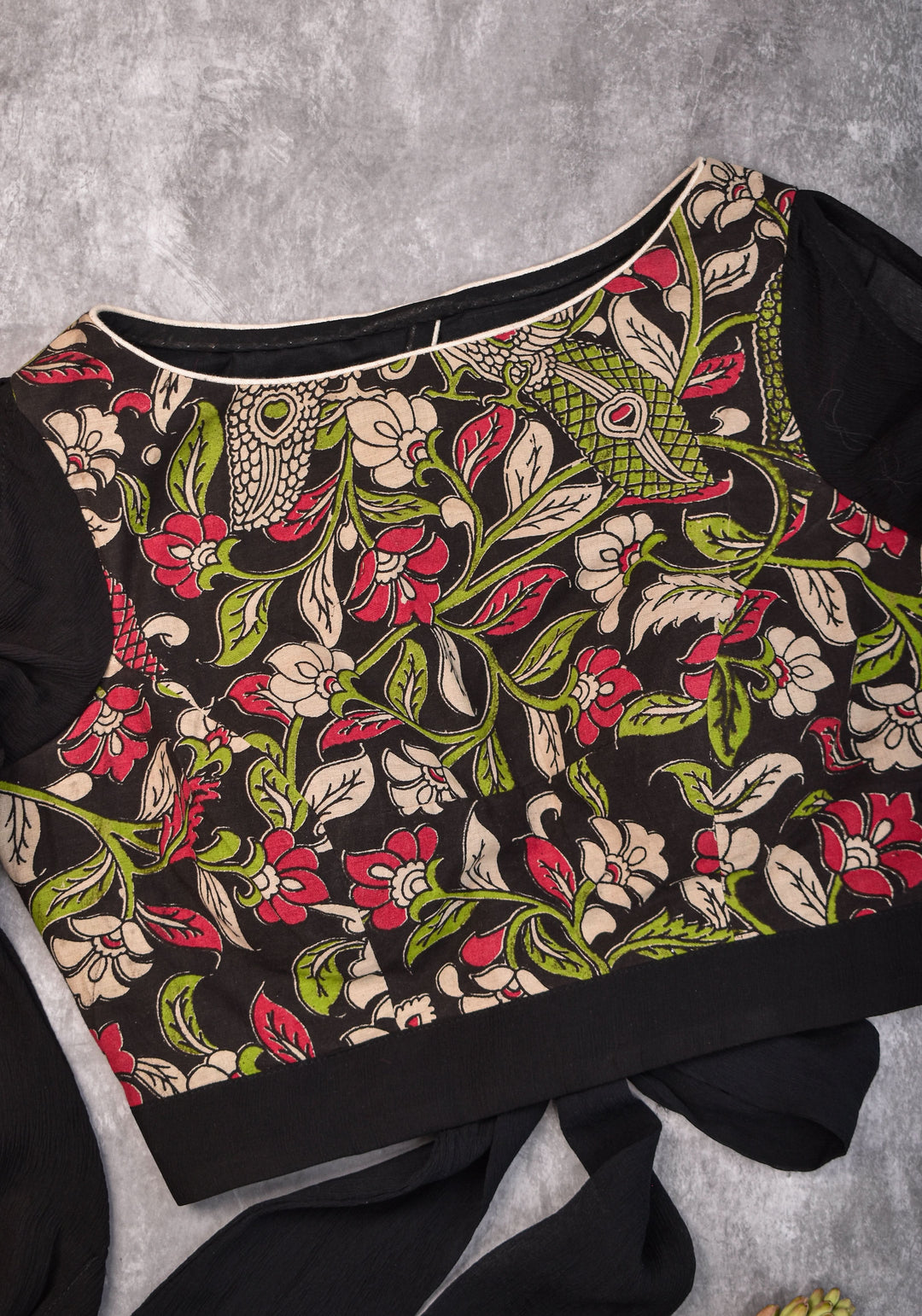 Black floral block print  Boatneck blouse with tieback design