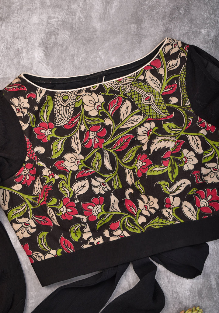 Black floral block print  Boatneck blouse with tieback design