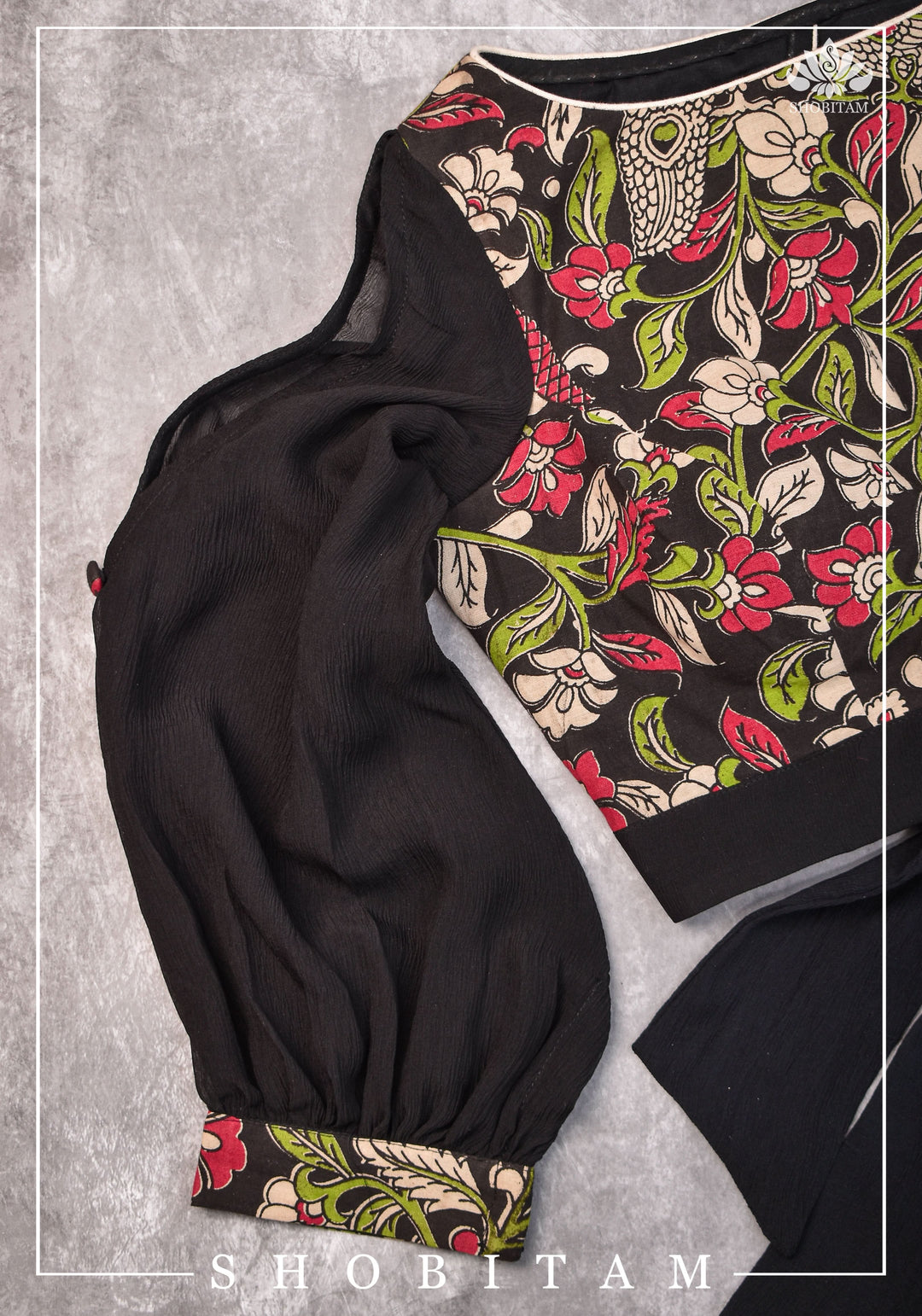 Black floral block print  Boatneck blouse with tieback design