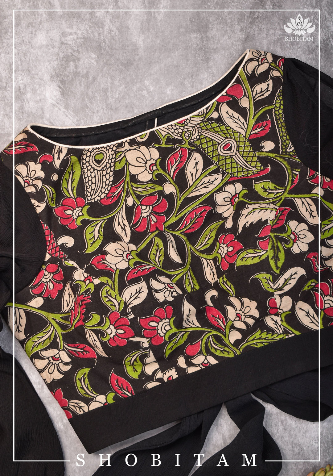 Black floral block print  Boatneck blouse with tieback design
