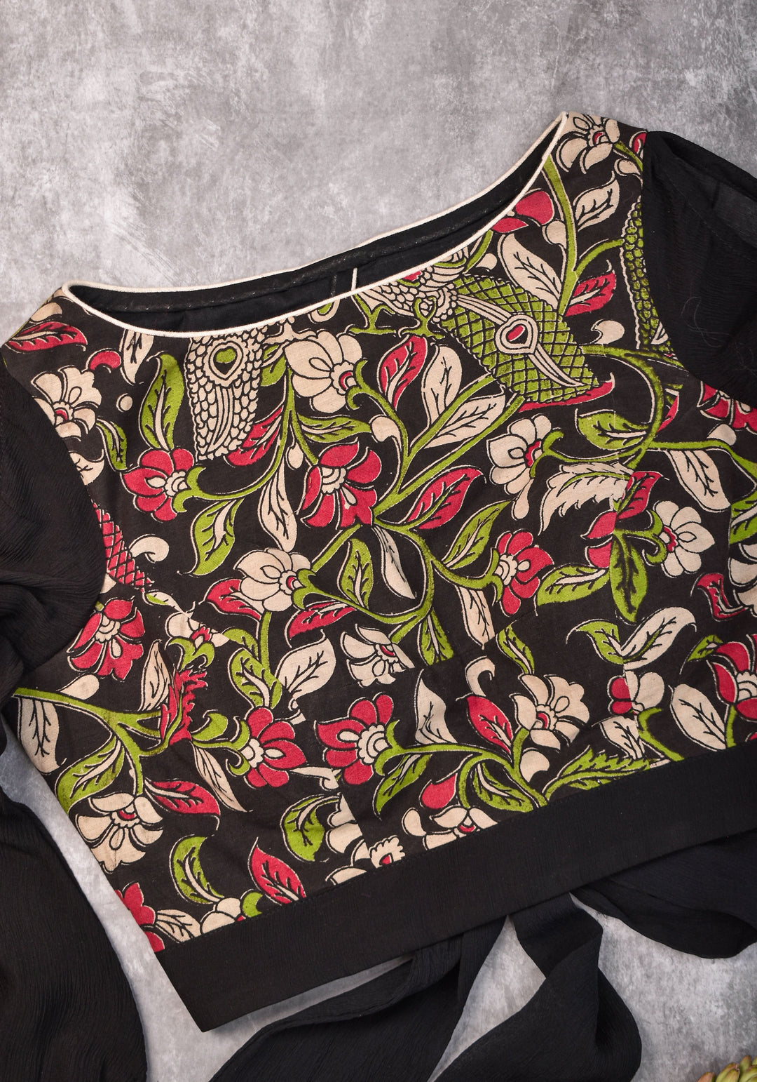 Black floral block print  Boatneck blouse with tieback design