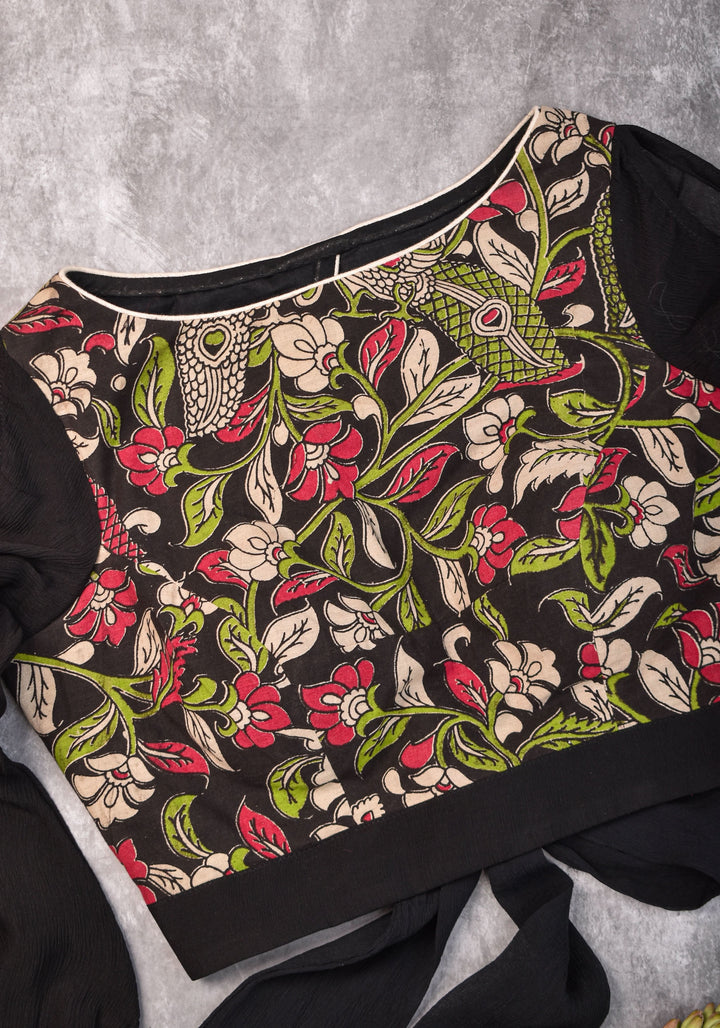 Black floral block print  Boatneck blouse with tieback design