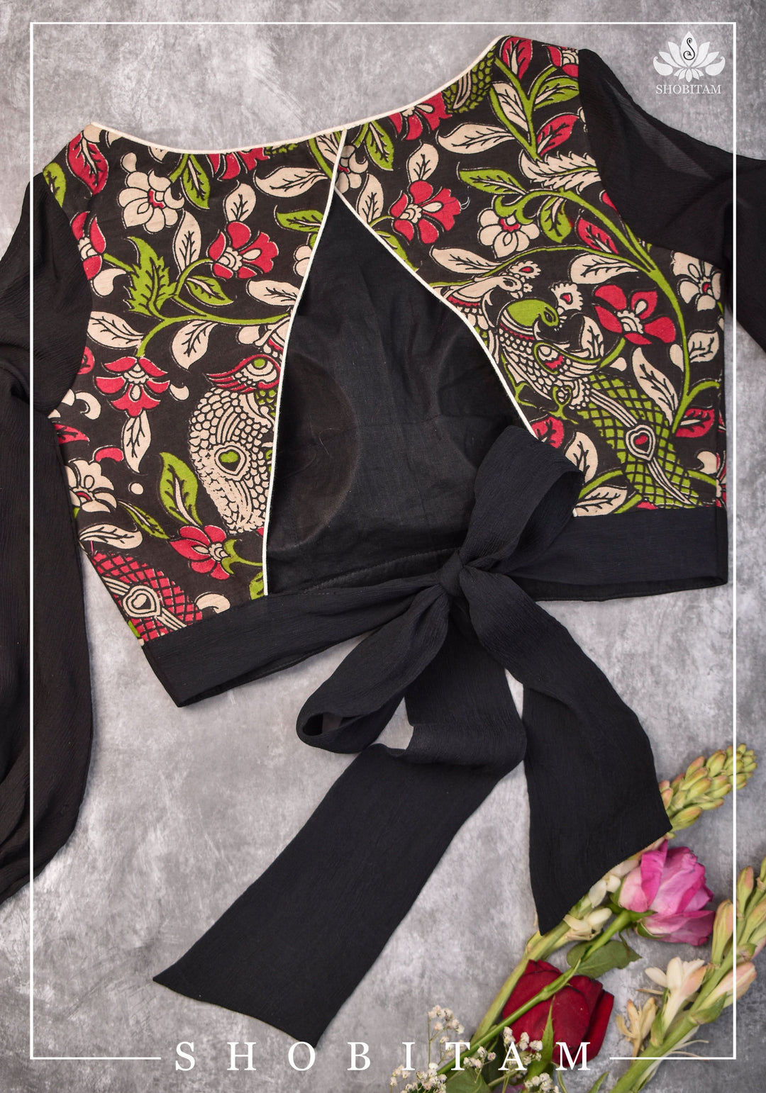 Black floral block print  Boatneck blouse with tieback design