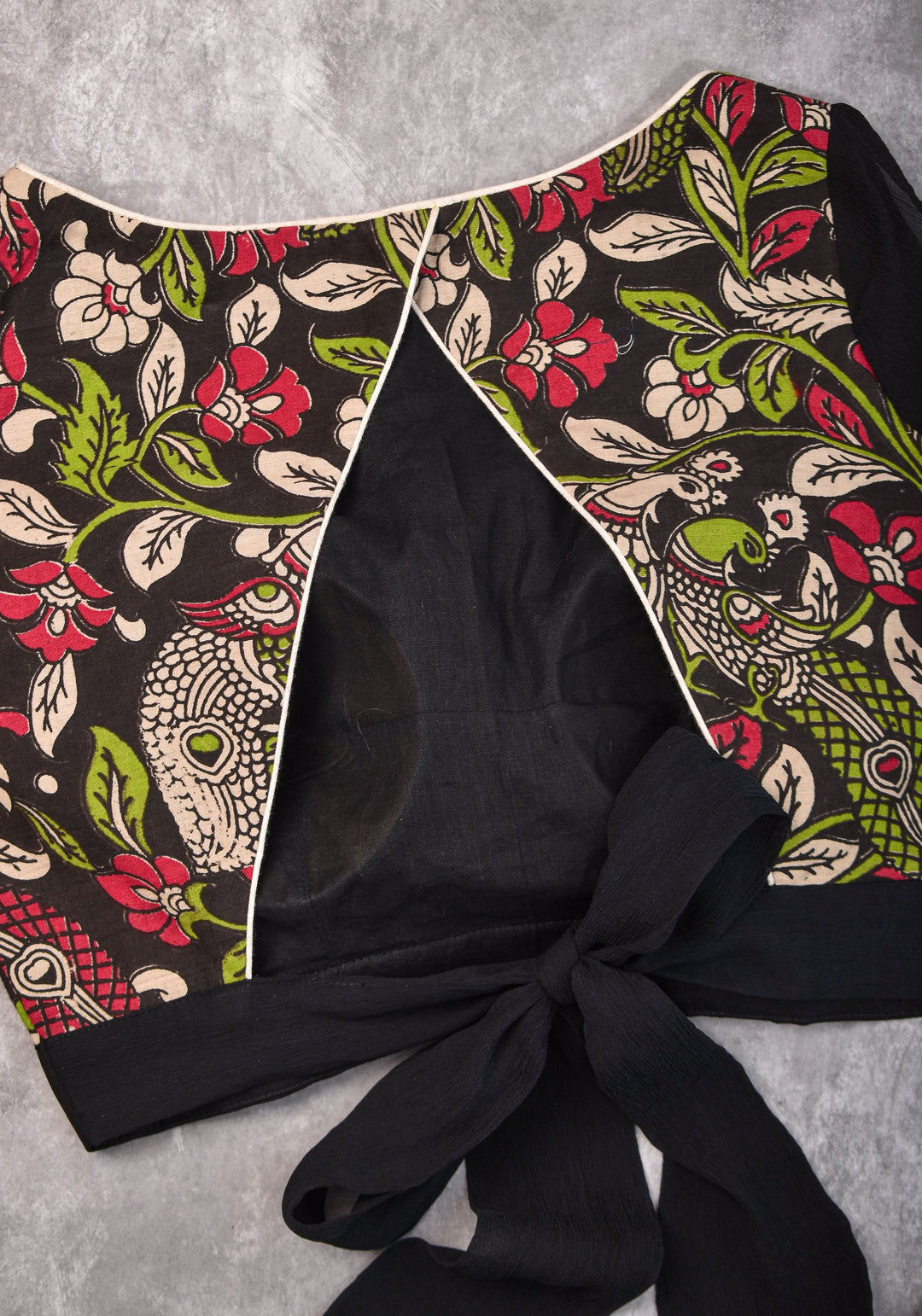 Black floral block print  Boatneck blouse with tieback design