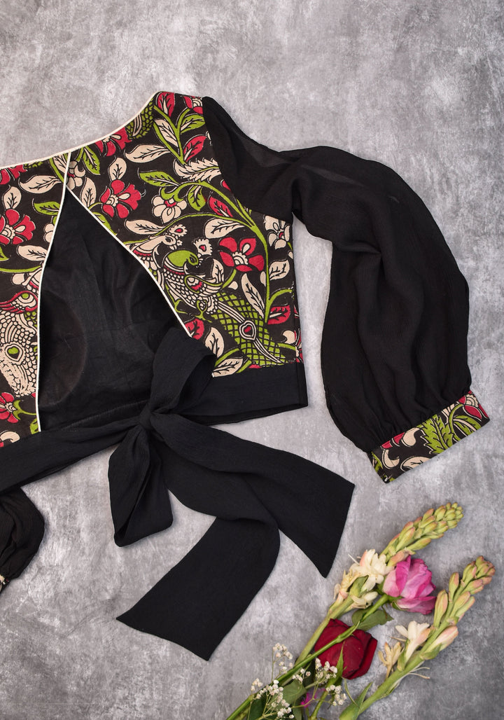 Black floral block print  Boatneck blouse with tieback design