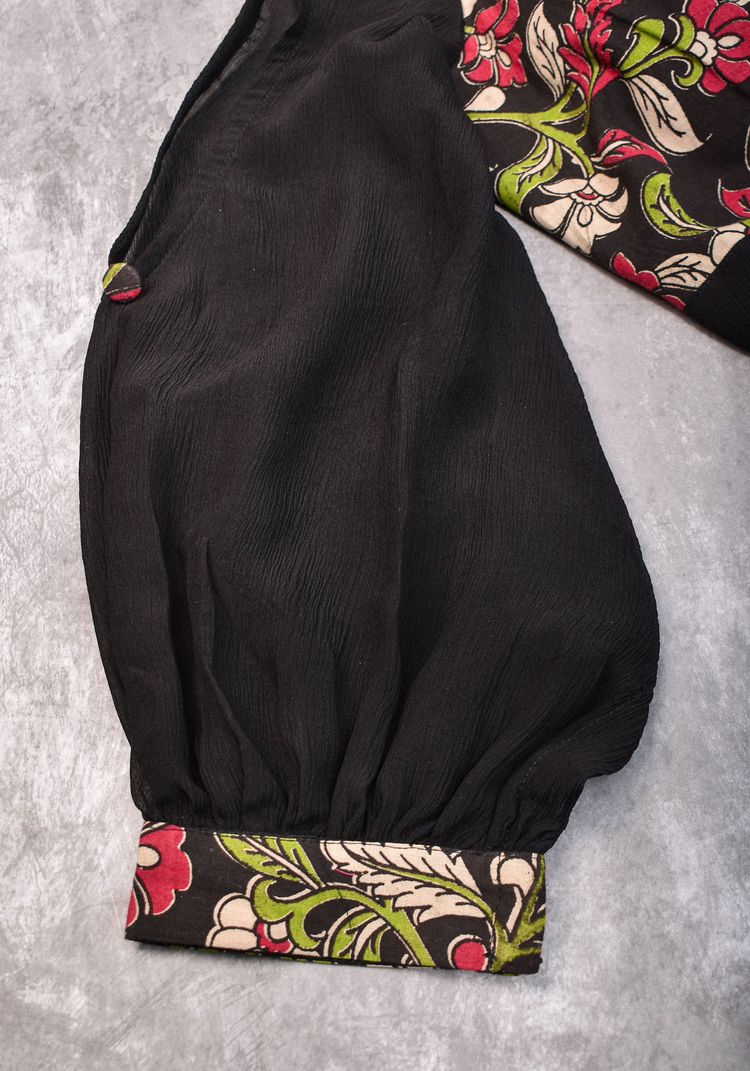 Black floral block print  Boatneck blouse with tieback design