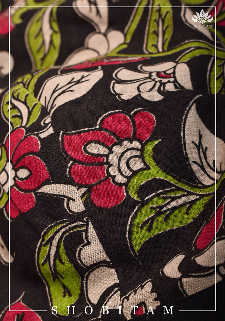 Black floral block print  Boatneck blouse with tieback design