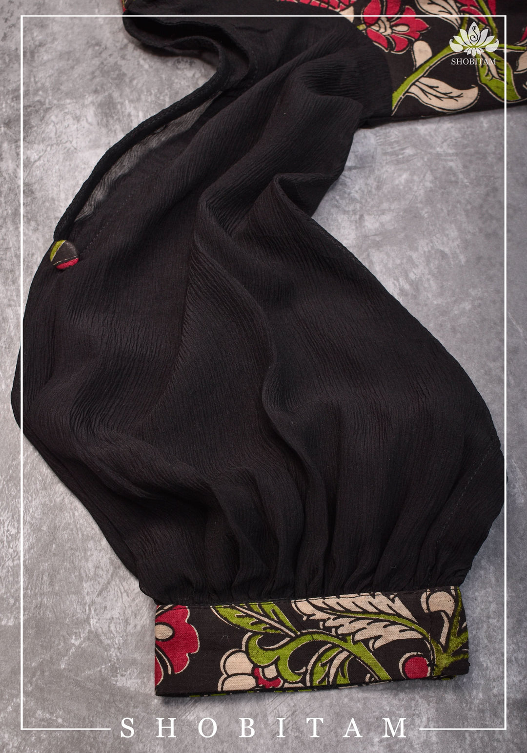 Black floral block print  Boatneck blouse with tieback design