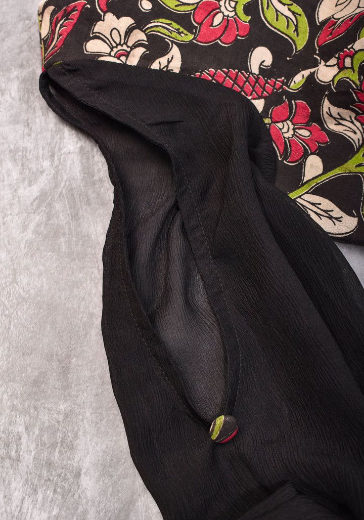 Black floral block print  Boatneck blouse with tieback design