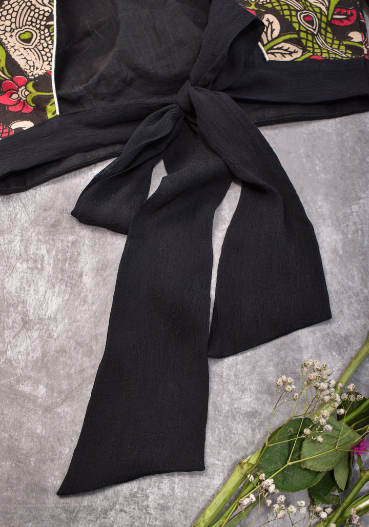 Black floral block print  Boatneck blouse with tieback design