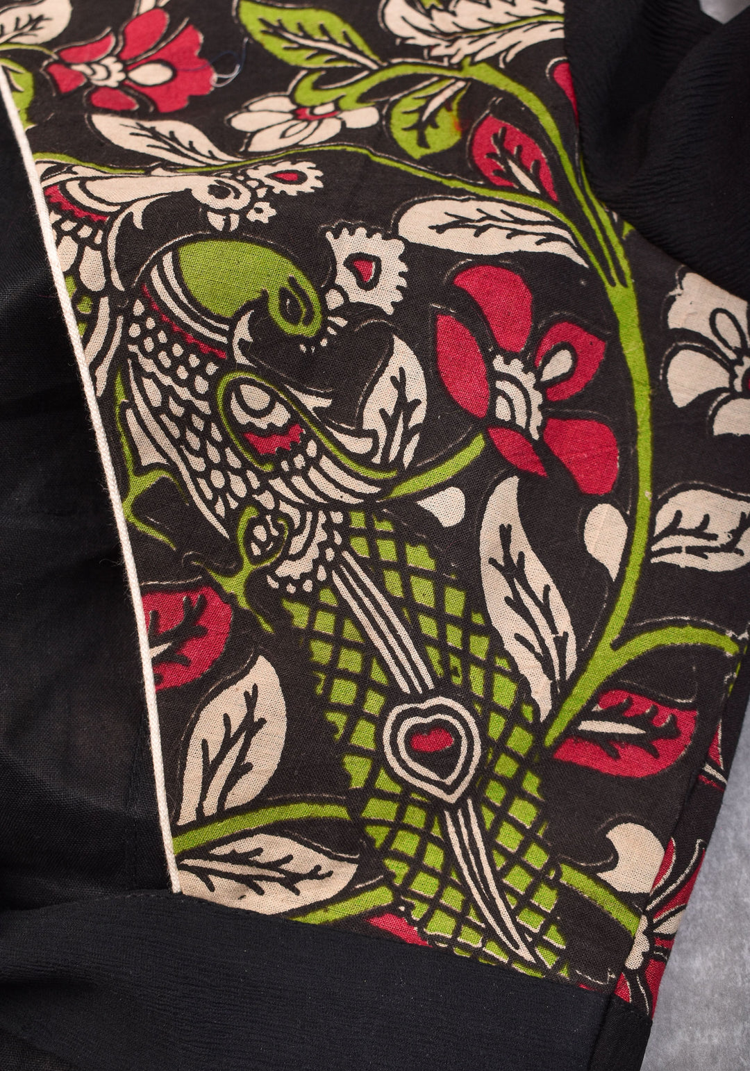 Black floral block print  Boatneck blouse with tieback design