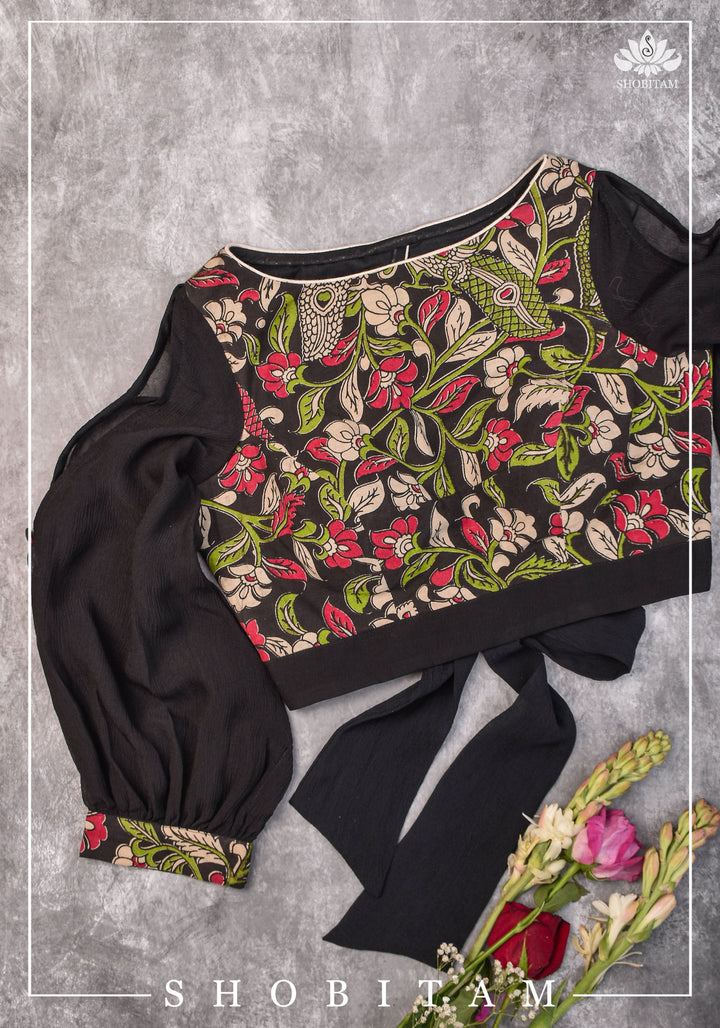 Black floral block print  Boatneck blouse with tieback design