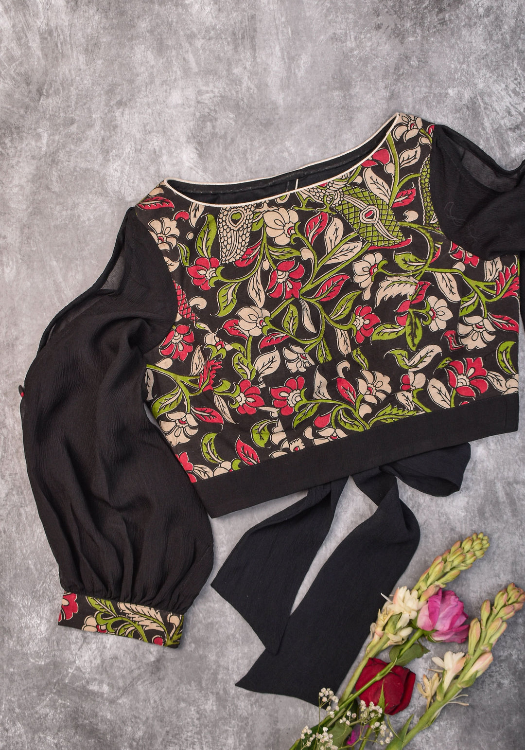 Black floral block print  Boatneck blouse with tieback design