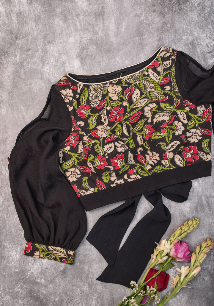 Black floral block print  Boatneck blouse with tieback design