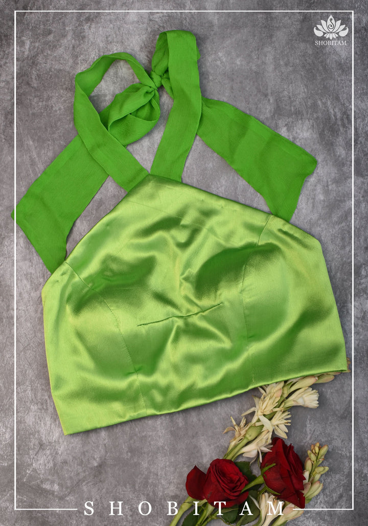 Neon Green Satin Halter neck blouse with chiffon tie back - Mix and Match Saree Blouse | SHOBITAM