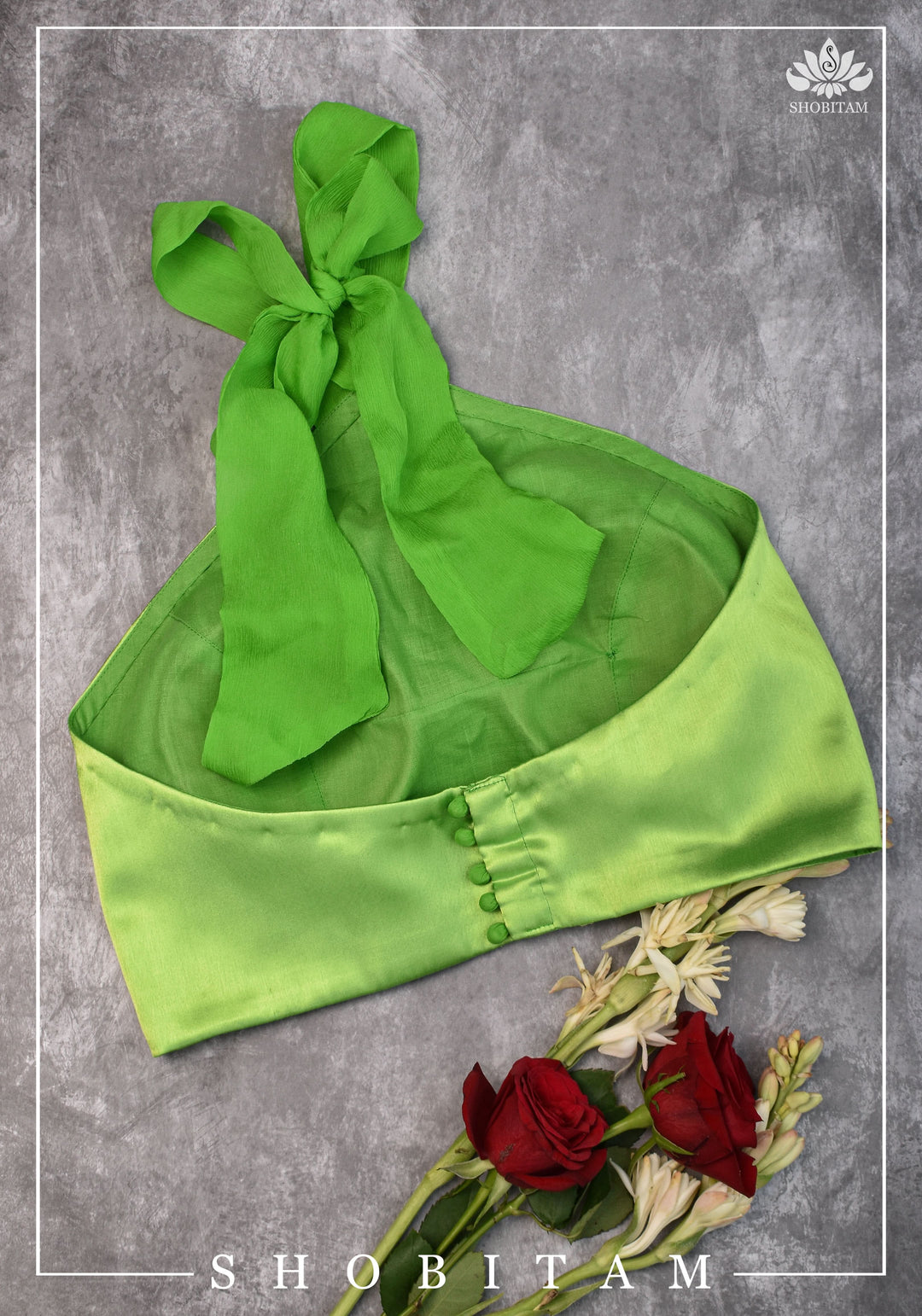 Neon Green Satin Halter neck blouse with chiffon tie back - Mix and Match Saree Blouse | SHOBITAM
