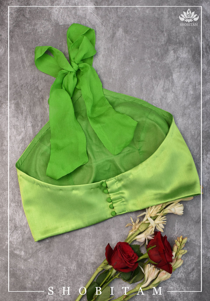 Neon Green Satin Halter neck blouse with chiffon tie back - Mix and Match Saree Blouse | SHOBITAM