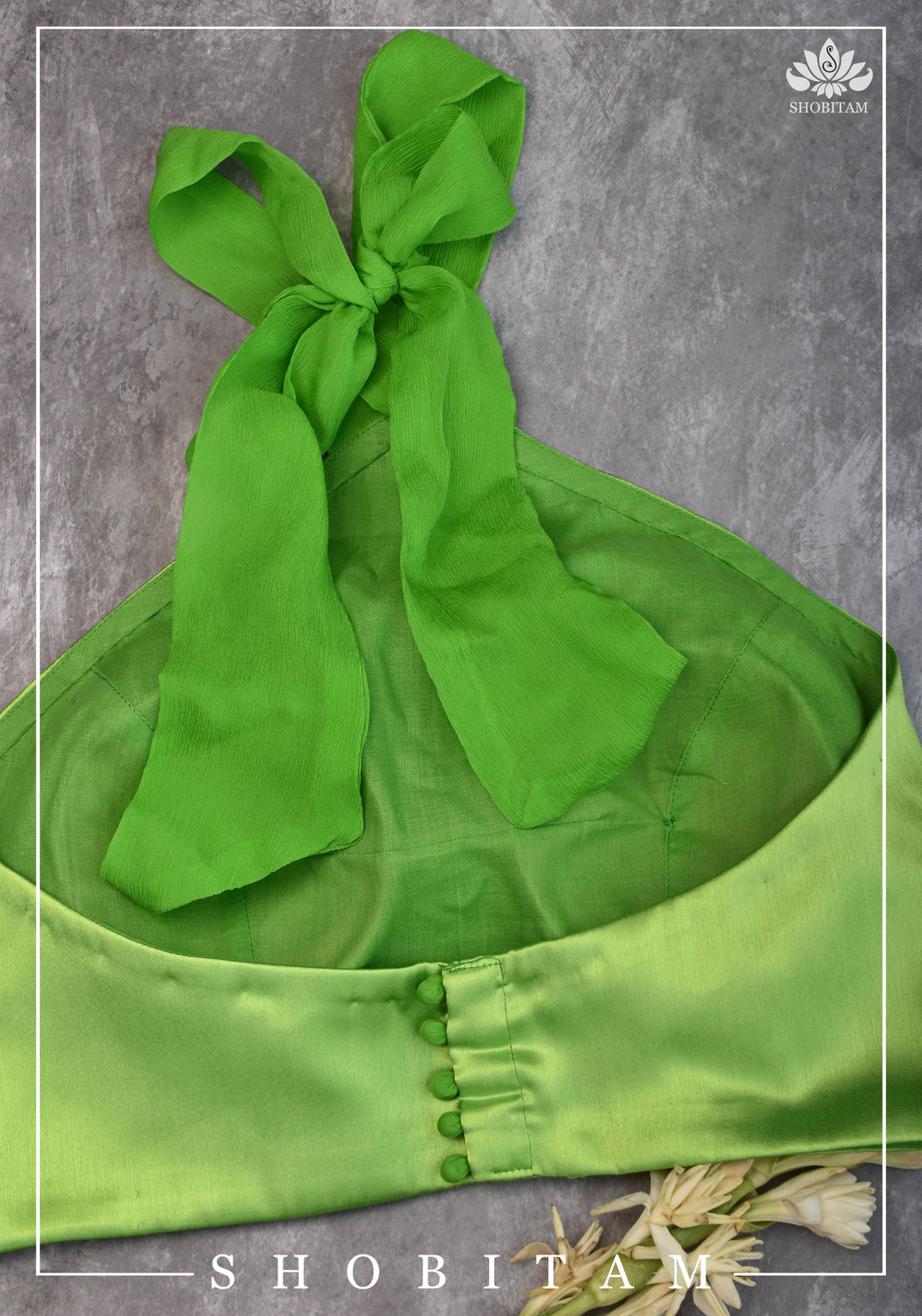 Neon Green Satin Halter neck blouse with chiffon tie back - Mix and Match Saree Blouse | SHOBITAM