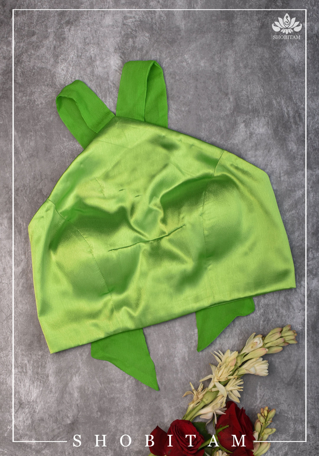 Neon Green Satin Halter neck blouse with chiffon tie back - Mix and Match Saree Blouse | SHOBITAM