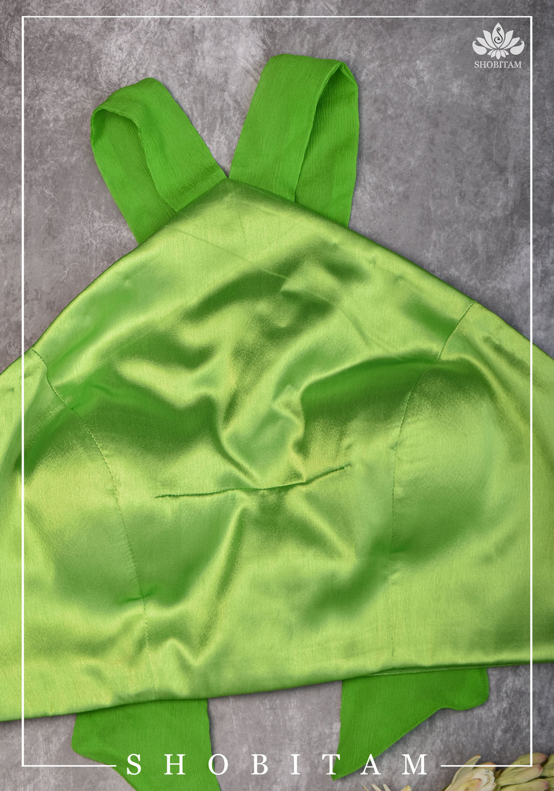 Neon Green Satin Halter neck blouse with chiffon tie back - Mix and Match Saree Blouse | SHOBITAM