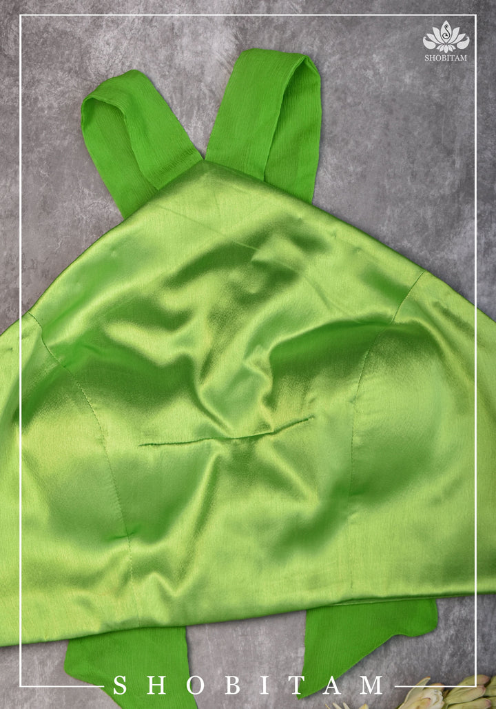 Neon Green Satin Halter neck blouse with chiffon tie back - Mix and Match Saree Blouse | SHOBITAM