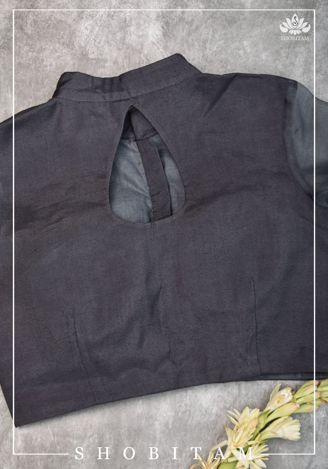 Gray rayon Chinese collar blouse with pure organza bishop sleeves - Mix and Match Blouse for saree