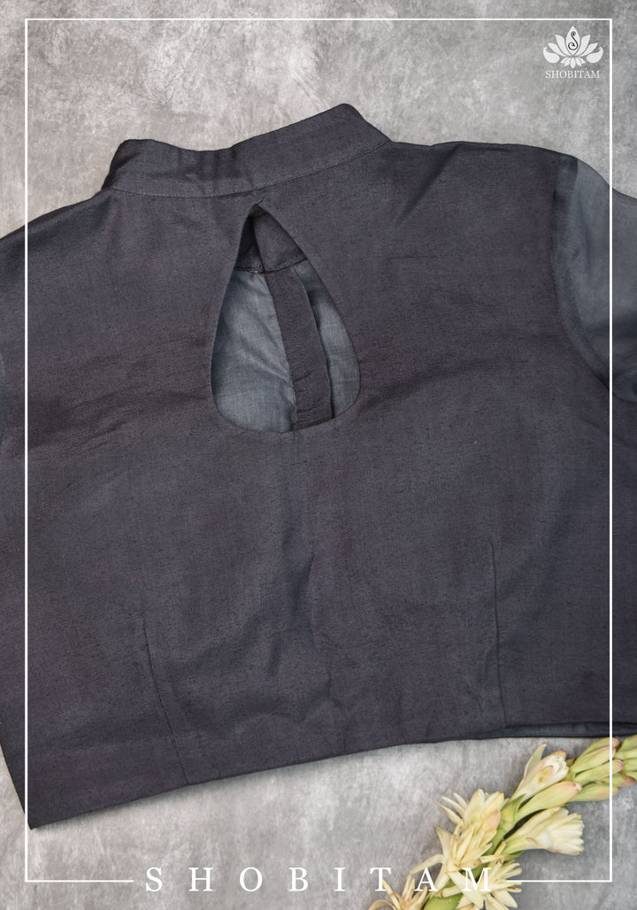 Gray rayon Chinese collar blouse with pure organza bishop sleeves - Mix and Match Blouse for saree