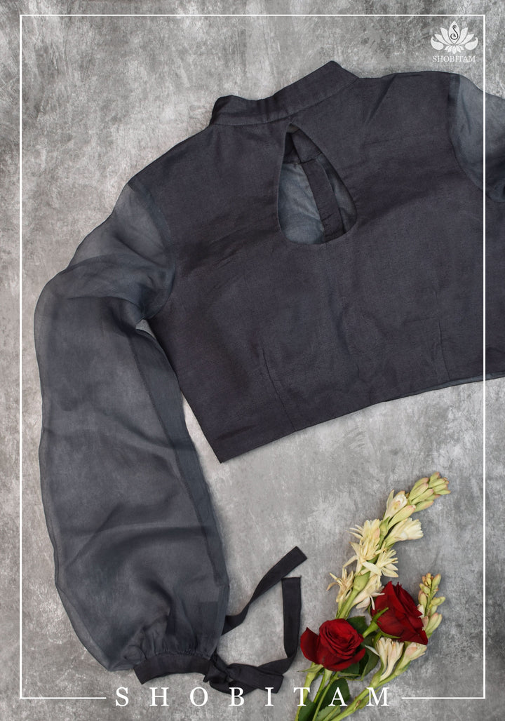 Gray rayon Chinese collar blouse with pure organza bishop sleeves - Mix and Match Blouse for saree