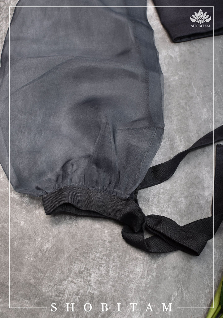 Gray rayon Chinese collar blouse with pure organza bishop sleeves - Mix and Match Blouse for saree