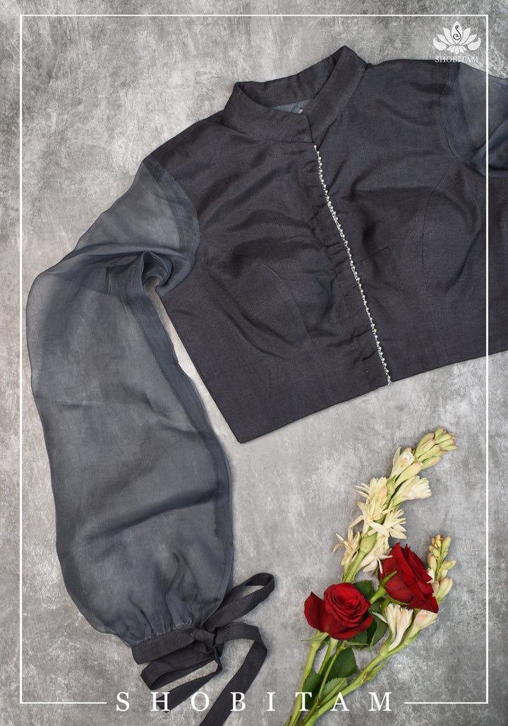 Gray rayon Chinese collar blouse with pure organza bishop sleeves - Mix and Match Blouse for saree