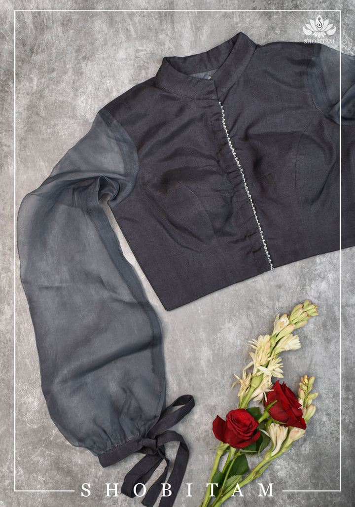 Gray rayon Chinese collar blouse with pure organza bishop sleeves - Mix and Match Blouse for saree